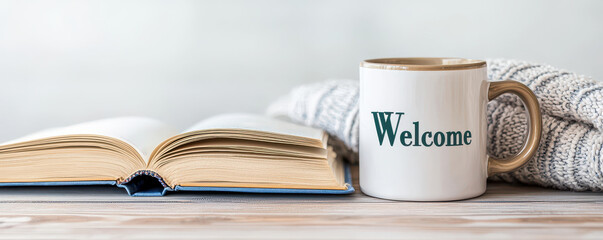 Naklejka premium cozy scene featuring welcome mug, open book, and soft blanket