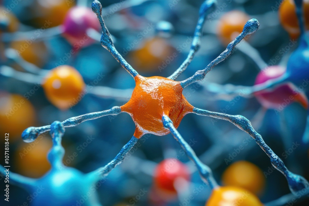 Poster a close-up view of a colorful neuron cell with intricate dendrites and axons extending outward, repr