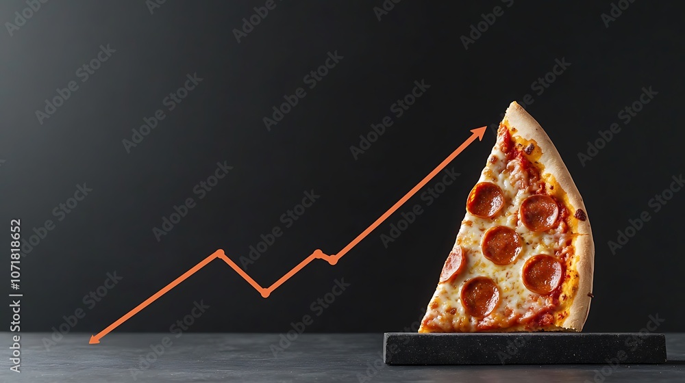 Poster A slice of pepperoni pizza is on a table with a line going up behind it. The line represents a graph or chart, and the pizza slice is the point where the line intersects. Concept of growth or progress