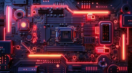 Fototapeta premium A vibrant close-up of a circuit board with neon lights, showcasing technology and design.