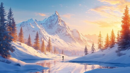 Obraz premium Tranquil winter landscape with a solitary skier gliding across a serene frozen lake beneath majestic snow-capped mountains at sunset