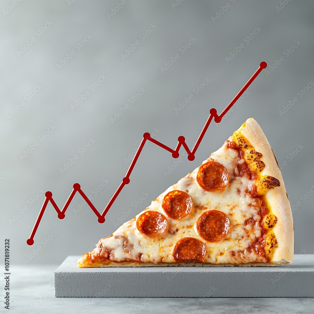 Poster a slice of pepperoni pizza is on a table with a red line going through it. the pizza is cut in half 