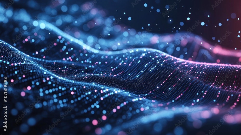 Poster abstract visualization of waves and particles in a digital landscape.