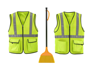 a yellow vest and a broom