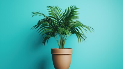 Obraz premium Tropical Palm Plant in Pot Against Turquoise Wall Minimalist Design