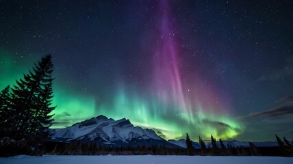 Christmas Aurora Night with Snow and Starry Sky