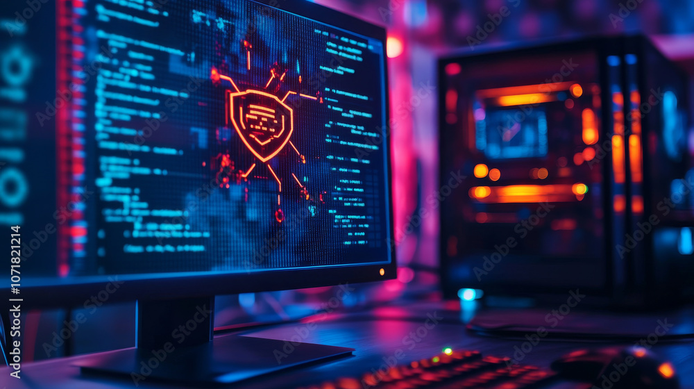 Poster a computer screen shows a warning about a cyber attack. the image suggests that a hacking device has