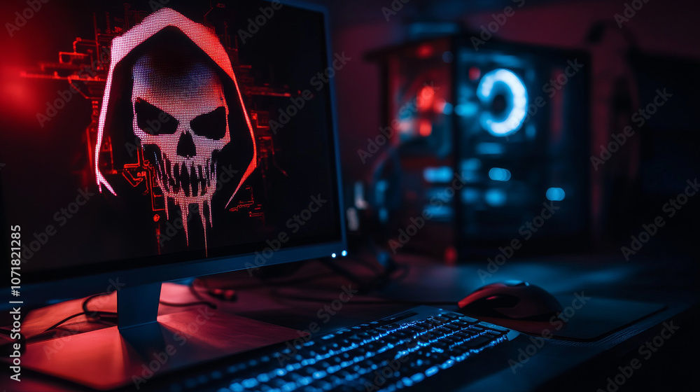 Poster a computer screen shows a warning about a cyber attack. the image suggests that a hacking device has