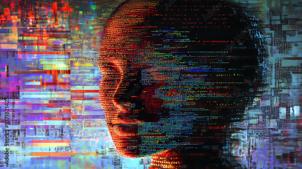 Poster a computer screen shows code and a distorted human head, representing the idea of artificial intelli