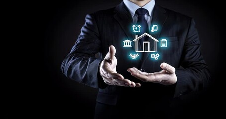 Businessman holding house icon with protective gesture, symbolizing safeguarding real estate assets, debt management, real estate, finance