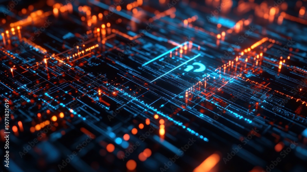 Poster abstract digital circuit design with glowing blue and orange lines and nodes.