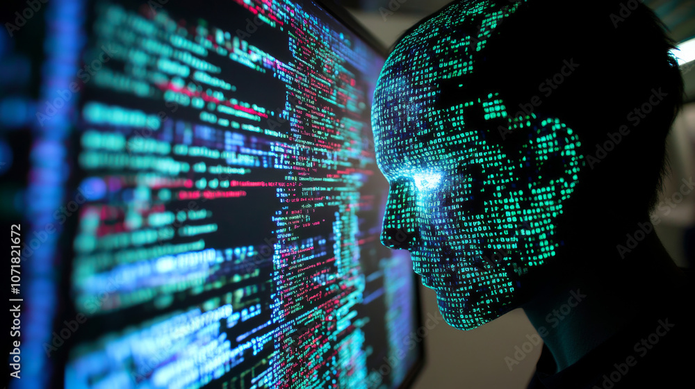 Poster a computer screen shows code and a distorted human head, representing the idea of artificial intelli
