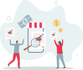 E-commerce store for online shopping and purchases.Distant internet shop with website or mobile application platform for customers .flat characters.