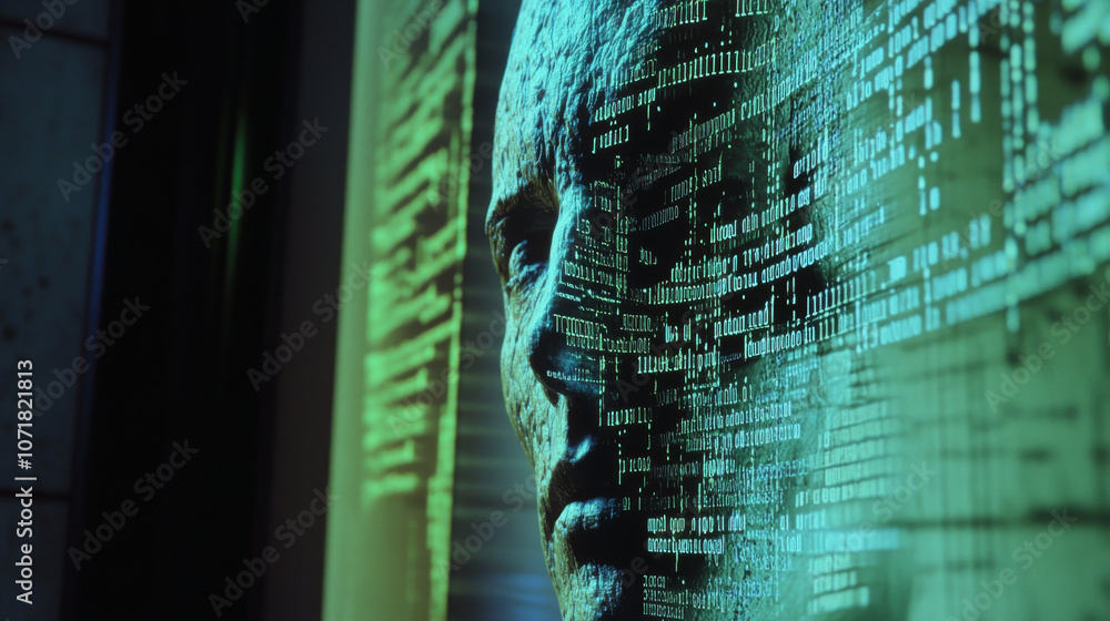 Poster a computer screen shows code and a distorted human head, representing the idea of artificial intelli