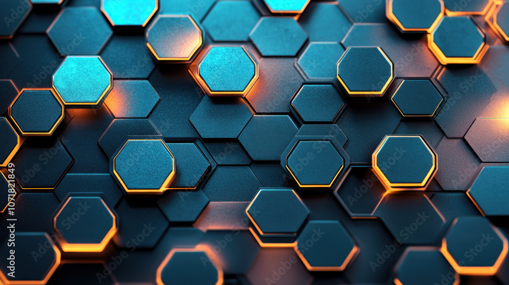 Poster a vibrant background with hexagonal patterns, featuring a mix of blue and orange tones, creating a m