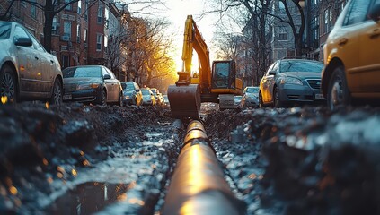 open trench in the street with pipes being installed, construction site