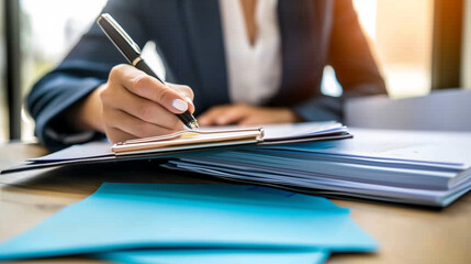 Diligent HR Manager Reviewing Complaints in Organized Office, Highlighting Fairness in Conflict Resolution