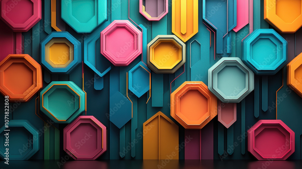 Poster a vibrant abstract wall with colorful geometric shapes in various sizes, creating a modern and artis