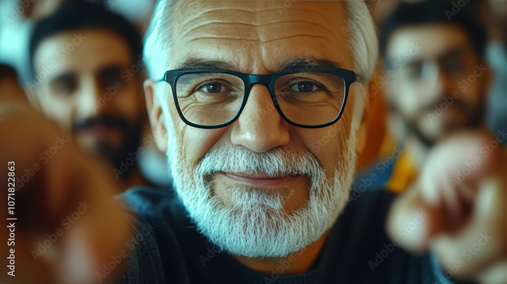 Poster a man with glasses is pointing to the camera. he is smiling and he is happy. concept of warmth and f