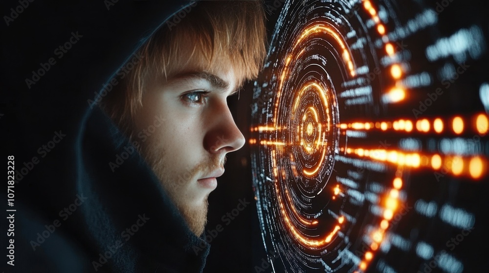 Poster a man is looking at a computer screen with a glowing circle. concept of wonder and curiosity as the 