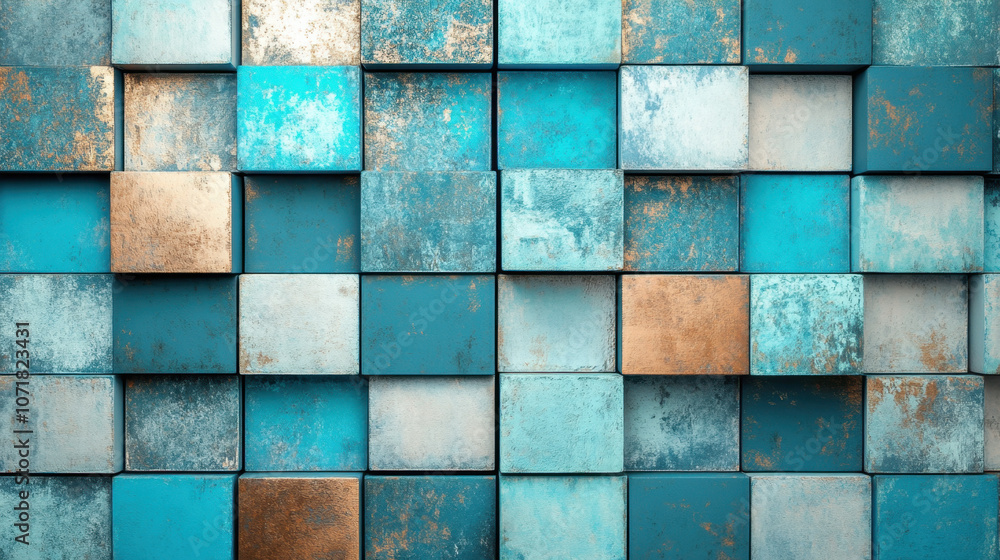 Poster a textured wall featuring a mosaic of turquoise and teal squares, some with a weathered gold accent,