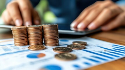 A person is using a tablet to count a pile of coins. The coins are stacked in a pyramid shape, with the top coin being the largest. The person is focused on counting the coins