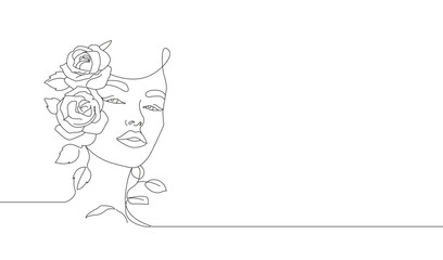 Woman face silhouette one line continuous. Line art female face with flowers. Hand drawn pretty woman's face minimalistic portrait for logo, emblem, web banner. Vector illustration isolated on white.