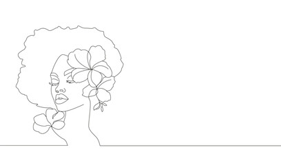 Afro American woman face silhouette one line continuous. Line art afro female face with flowers. Hand drawn pretty black skinned woman's face for logo, emblem, web banner. Flat vector illustration.