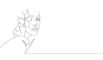 Woman face silhouette one line continuous. Line art female face with flowers. Hand drawn pretty woman's face minimalistic portrait for logo, emblem, web banner. Vector illustration isolated on white.