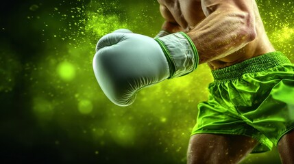 A man in a green boxing glove is punching. The boxing glove is white and has a green stripe