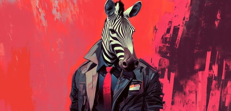AI-generated zebra in fashionable attire including a stylish jacket and tie.