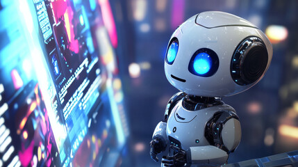 A cute white robot with glowing blue eyes looks at a colorful, futuristic display. The robot shows off amazing technology and how computers can think like humans.