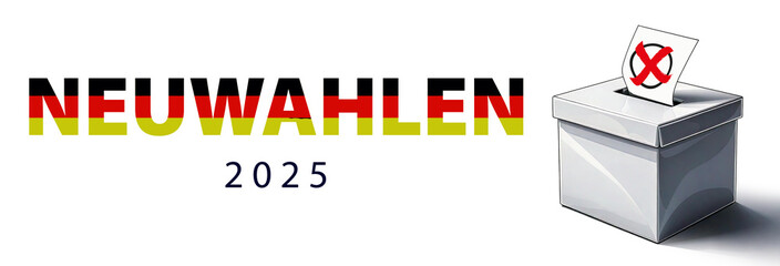 Das Wort Neuwahlen in den Farben der deutschen Flagge mit der Jahreszahl 2025 neben einer Illustration einer Wahlurne.