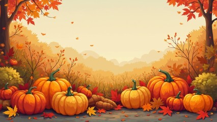 A vibrant autumn landscape shows a collection of pumpkins resting on the ground, framed by colorful trees with leaves falling gently in a peaceful setting Thanksgiving day concept