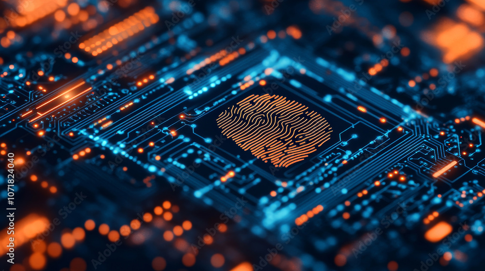 Poster a digital background showing a fingerprint scan on a computer circuit board, illustrating the idea o
