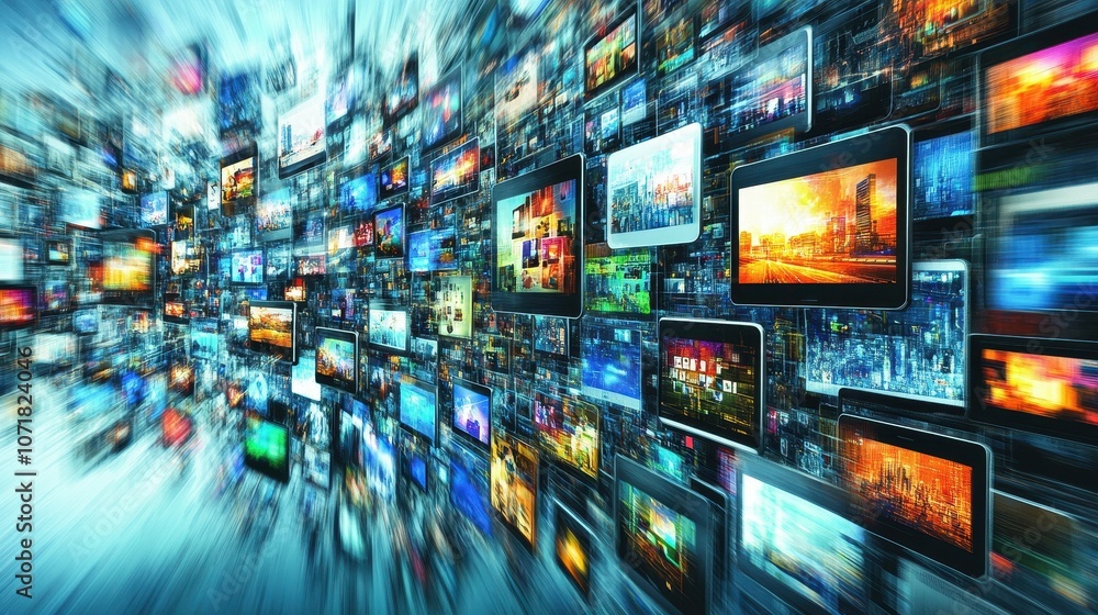 Poster a very busy image of many screens with a lot of different pictures on them. the image is blurry and 