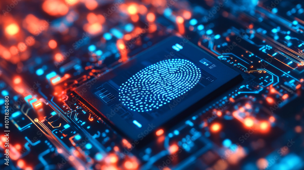 Poster a digital background showing a fingerprint scan on a computer circuit board, illustrating the idea o