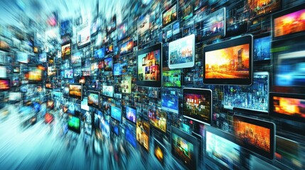 A very busy image of many screens with a lot of different pictures on them. The image is blurry and it looks like it's moving. Scene is chaotic and overwhelming