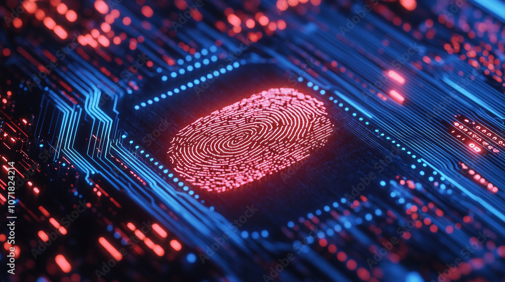 Poster a digital background showing a fingerprint scan on a computer circuit board, illustrating the idea o