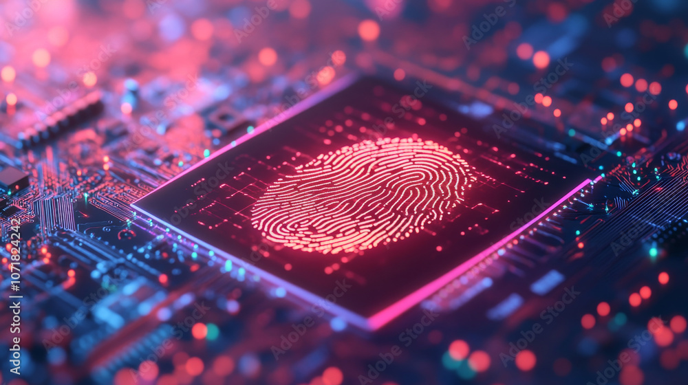 Poster a digital background showing a fingerprint scan on a computer circuit board, illustrating the idea o