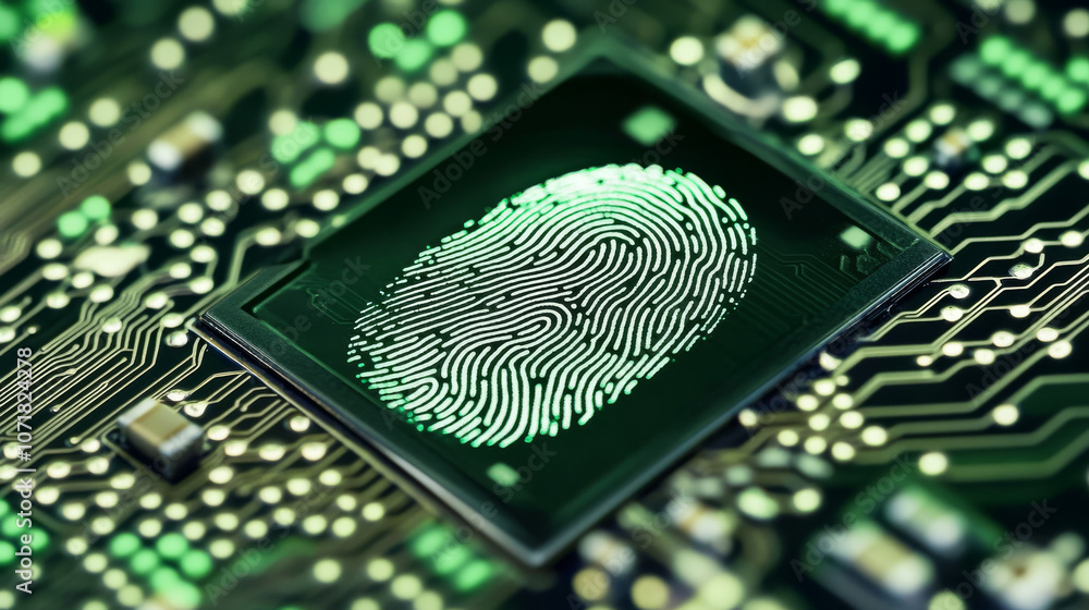 Poster a digital background showing a fingerprint scan on a computer circuit board, illustrating the idea o