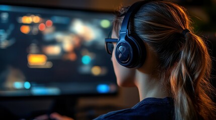 A woman is playing a video game with a headset on. She is wearing glasses and has her hair in a ponytail