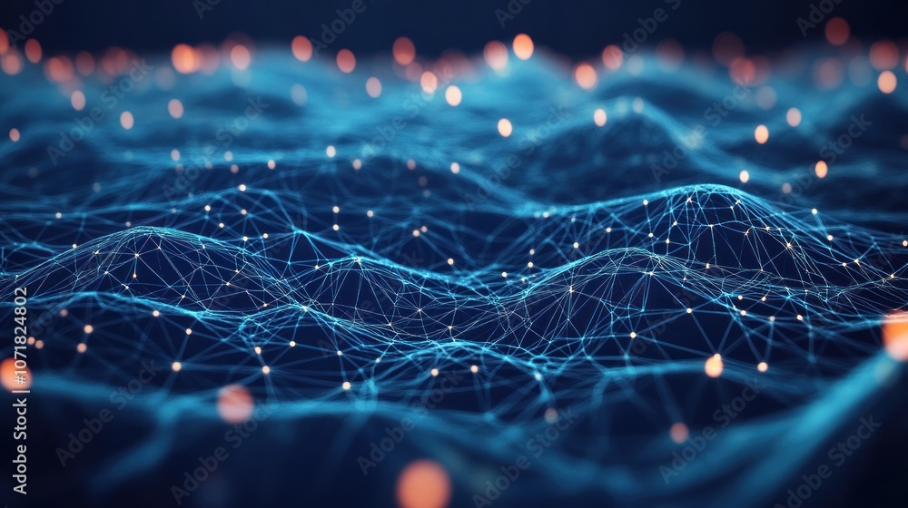 Poster abstract representation of interconnected data points resembling a digital landscape.