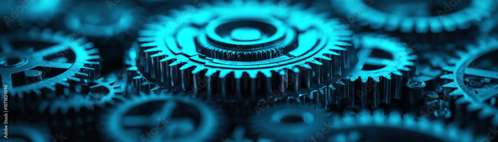 Poster a close-up view of interlocking gears in a vibrant blue light, showcasing intricate mechanics and a 