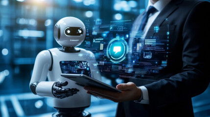Fototapeta premium A digital businessman uses a tablet with a chatbot app. This shows how artificial intelligence and technology are changing the business world. The illustration uses a futuristic style.