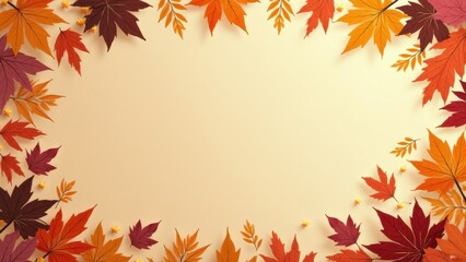 Fototapeta premium Vibrant autumn leaves in shades of red, orange, and yellow create a decorative border around a cream background, perfect for seasonal projects and designs Thanksgiving day concept