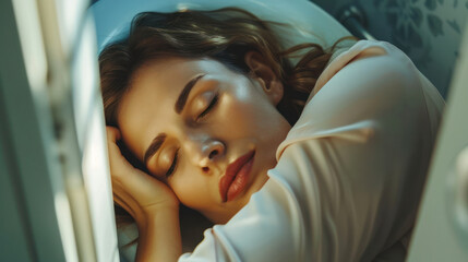 Fototapeta premium close face businesswoman sleep on table in office sunlight from window hard working