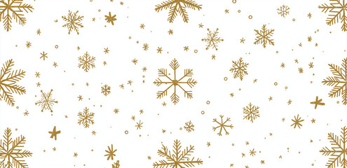 A seamless pattern of golden snowflakes on a white background