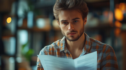 Obraz premium Employee Reviewing Document in Office Wearing Casual Shirt
