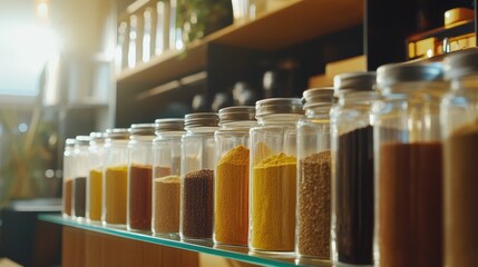 Spice Jars on Shelf.